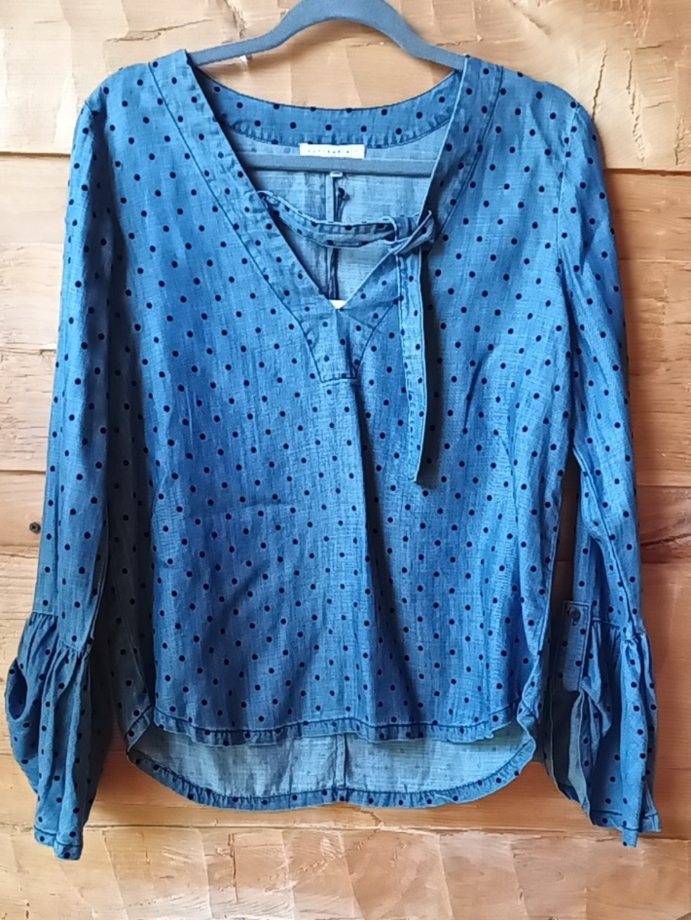 Current Air Chambray Blue With Velvet Black Polka Dot V-Neck Tie Blouse Medium